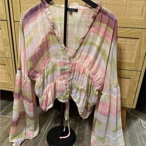FORE Striped Tie-Front Peasant Blouse in Pastel Pink & Green
